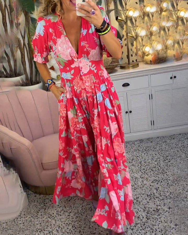 Reagan - V-Neck Short Sleeve Floral Maxi Dress