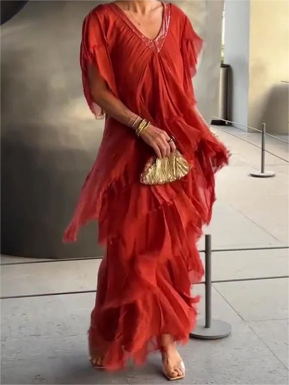 Blaise - Ruffled Short Sleeves V-Neck Maxi Dress