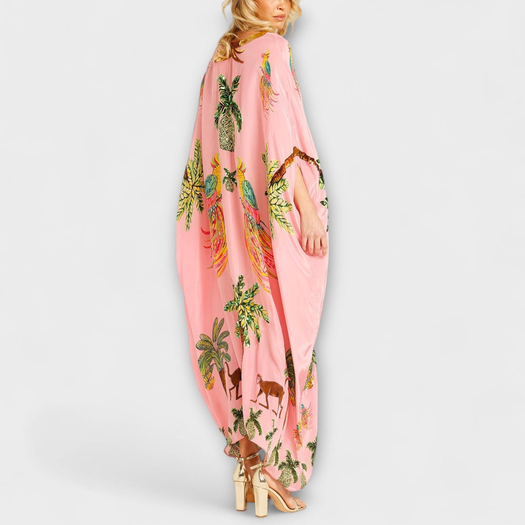 Linda - Eye-catching Dress with Asymmetrical Shoulders and Coconut Tree Print