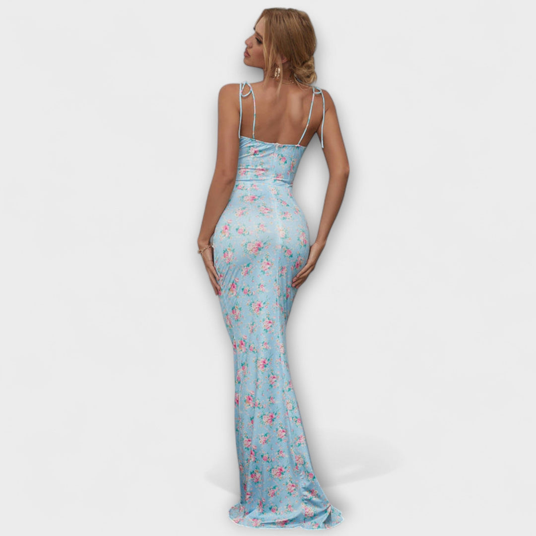 Thalia - Floral Print Prom Dress with Tied Shoulder Straps