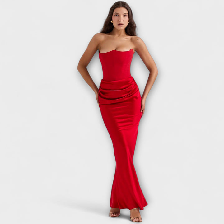 Off-the-Shoulder Satin Maxi Dress with Draping